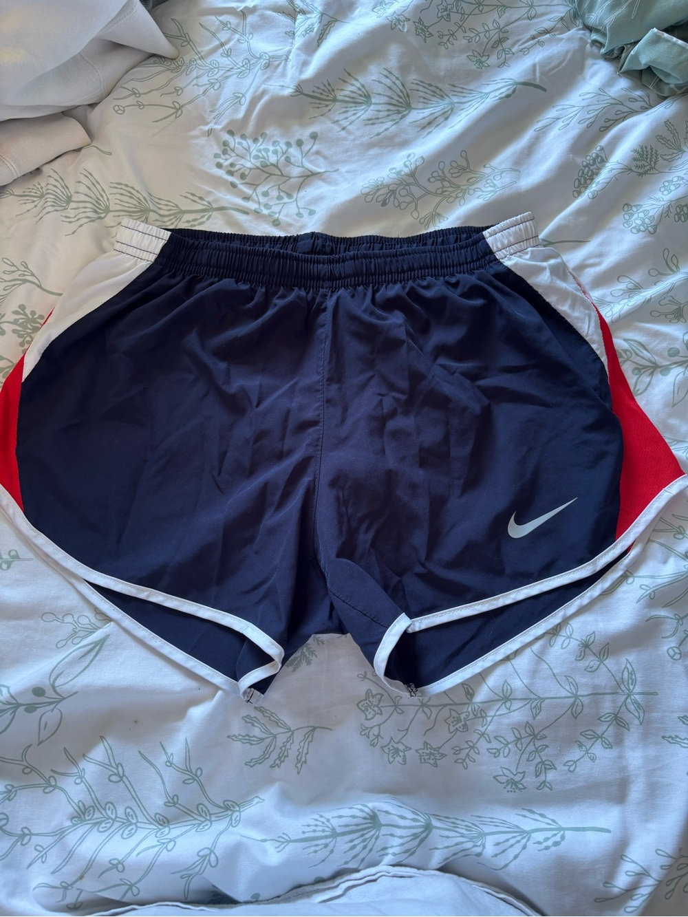 Nike Navy and Red Women's Athletic Running Shorts with White Trim